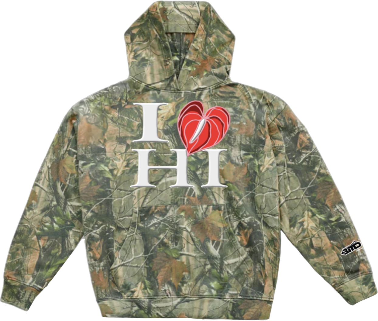 I LOVE HI Premium Heavyweight Hoodie Puff Ink (Green Real Camo)