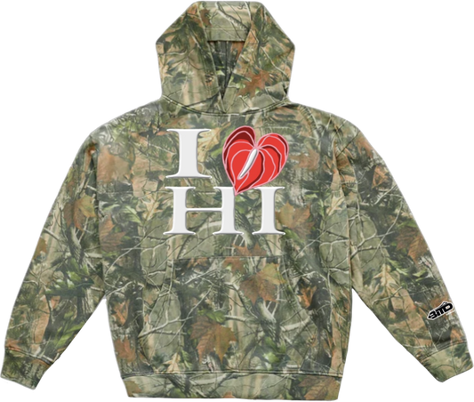 I LOVE HI Premium Heavyweight Hoodie Puff Ink (Green Real Camo)